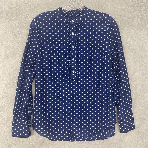 J Crew Top Womens Medium Blue White Polka Dot Button Up Office Casual Prep Shirt - Picture 1 of 8
